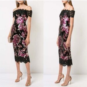 MARCHESA NOTTE Floral Lace Black/Purple Sequin Sheath Dress 0